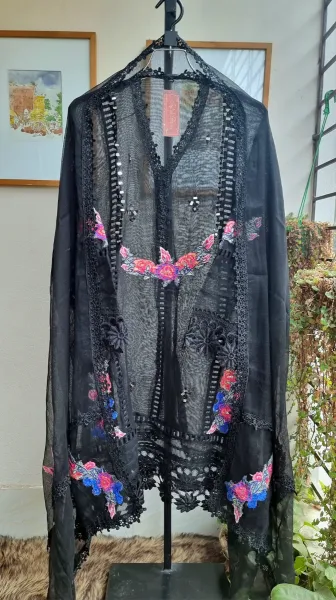Pakistani Cotton Net Semi Stitched 2pcs_Black